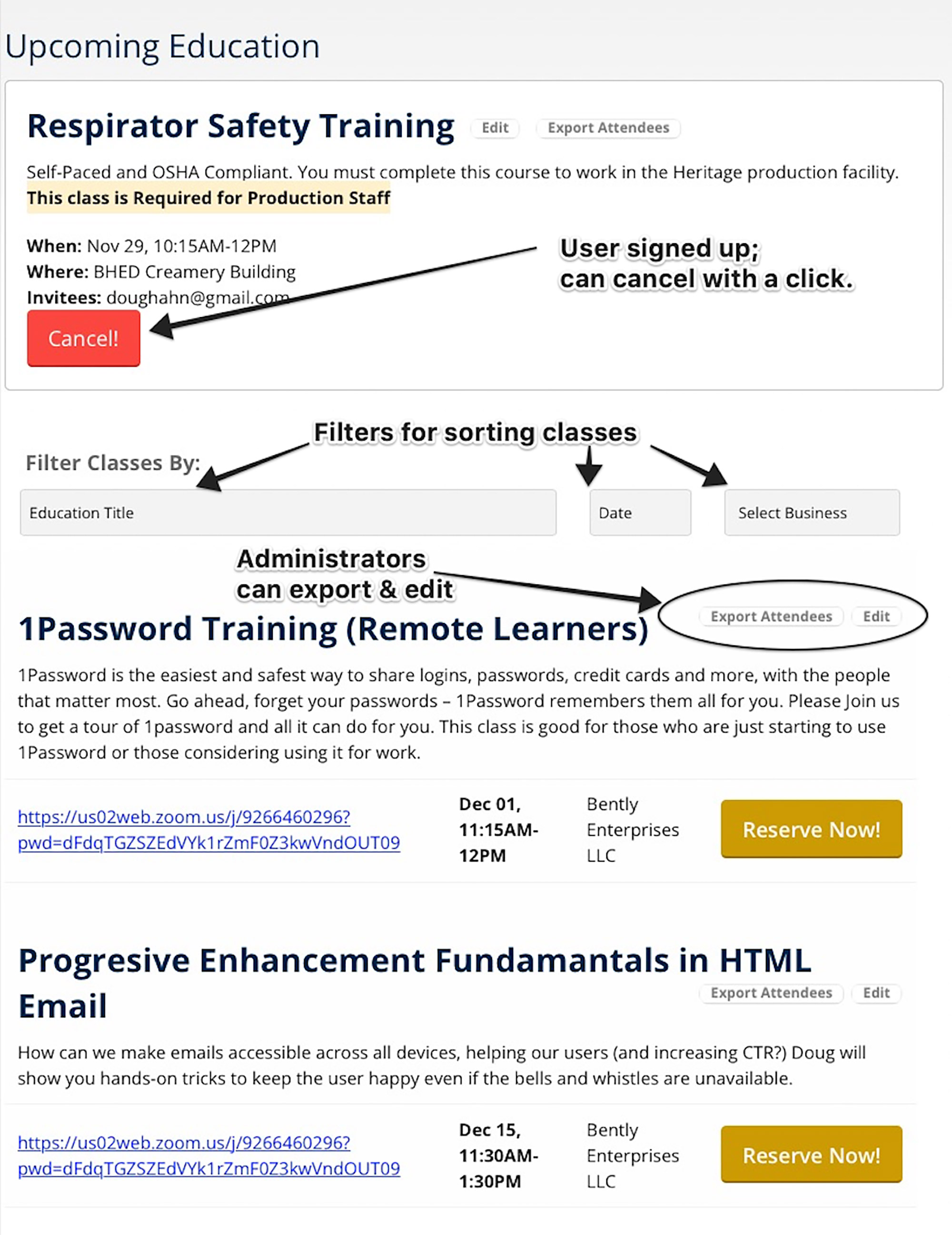 The custom dashboard with annotated functionoality